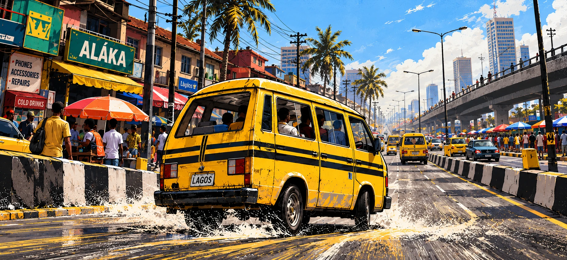 Illustrated yellow danfo driving through a Lagos street